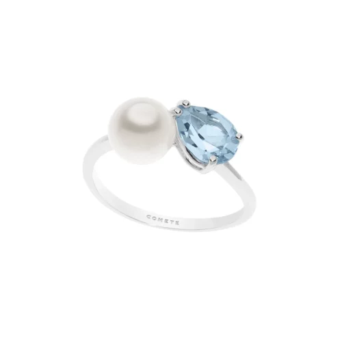 anello contrariè donna oro perla e pietra azzurra topazio comete
