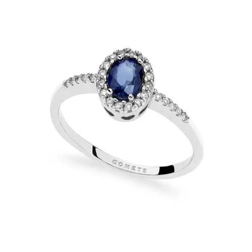 anello con zaffiro blu e diamanti in oro comete