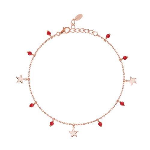 Cavigliera Mabina Gioielli argento rosè, stelline e corallo rosso