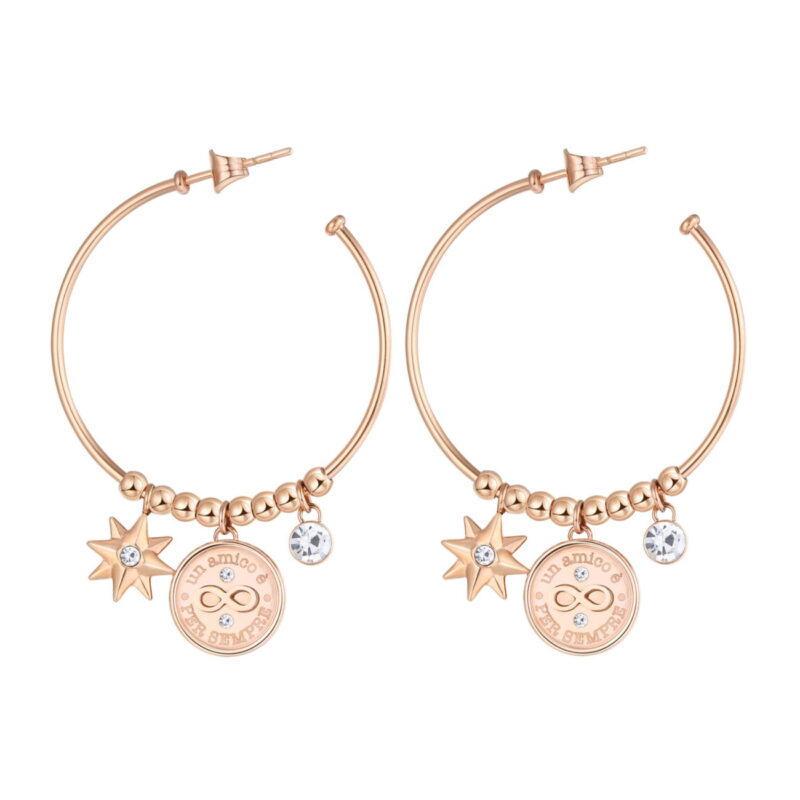 orecchini boccoli in acciaio color oro rosa con stella cristallo e ciondoli amico pendenti brosway
